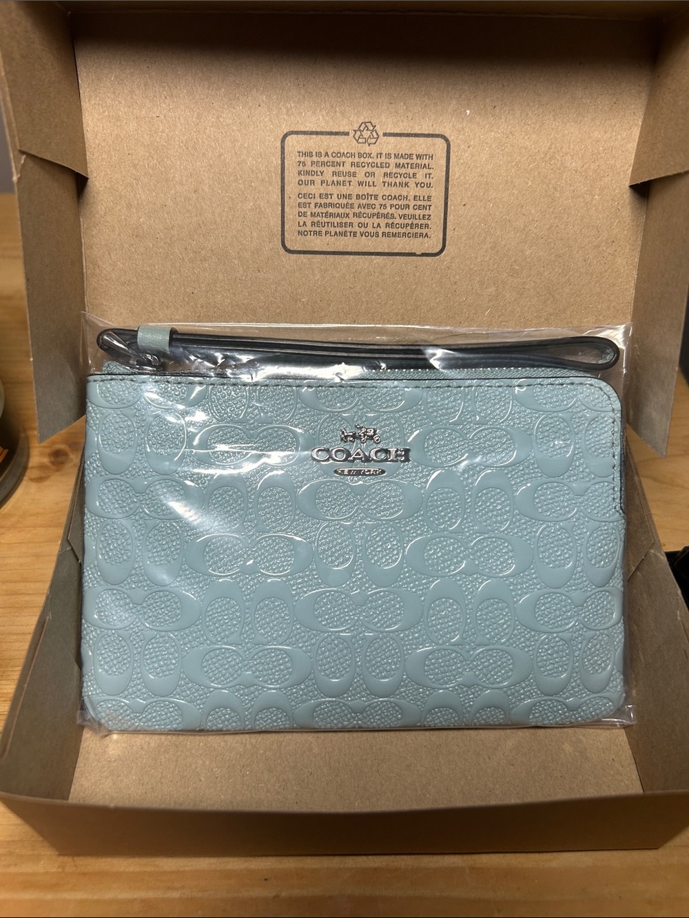Coach Corner Zip Wristlet in Signature Leather, light aqua/seafoam blue in box